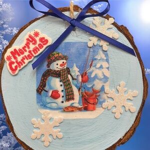 Handmade Festive Fishing Snowman Holiday Wooden Ornament with Blue Accents
